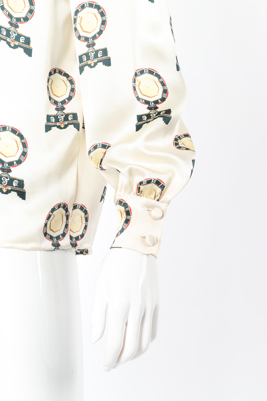 Vintage André Laug Roman Clock Motif Silk Blouse sleeve closeup on mannequin @Recessla
