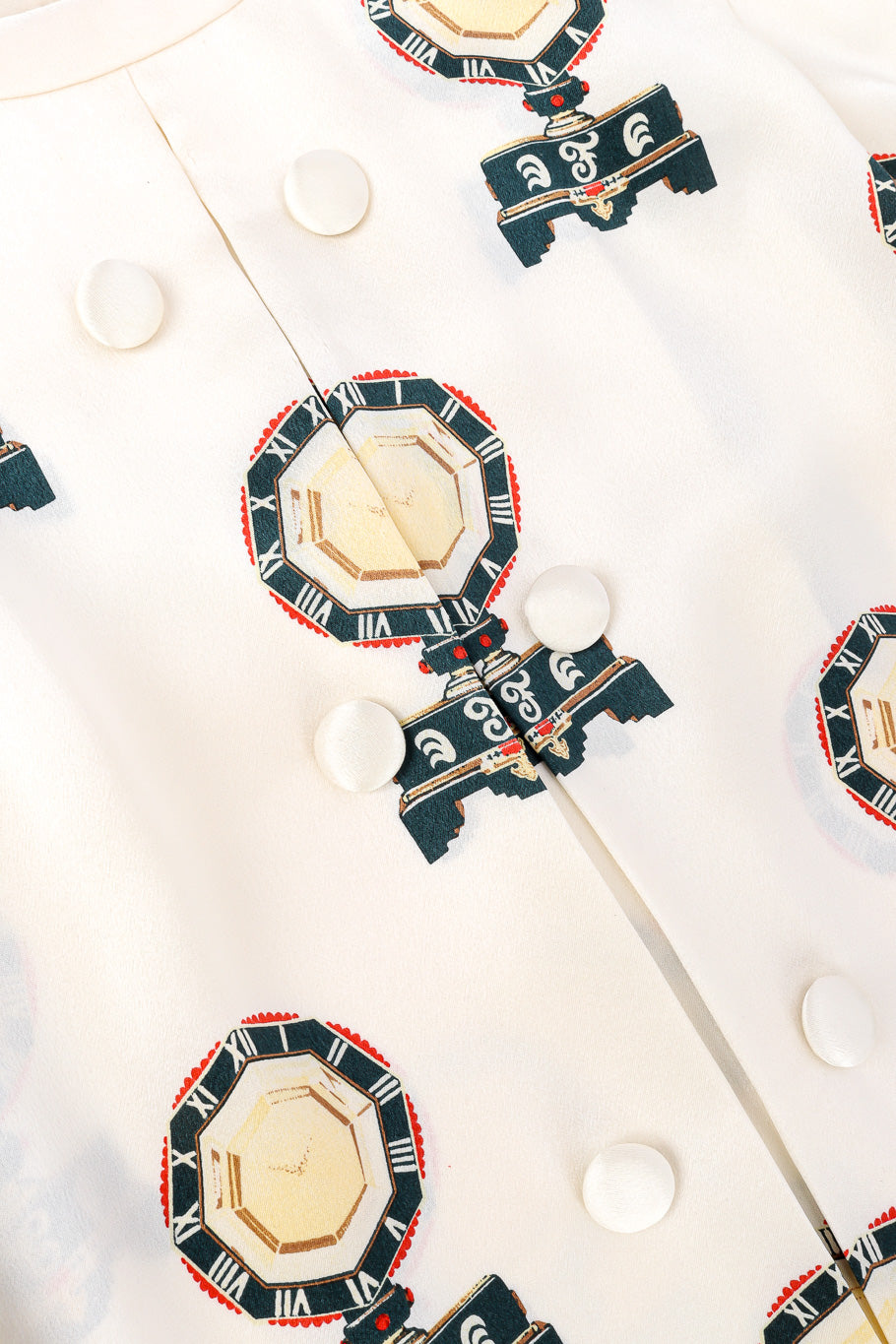Vintage André Laug Roman Clock Motif Silk Blouse silk buttons on bust closeup @Recessla