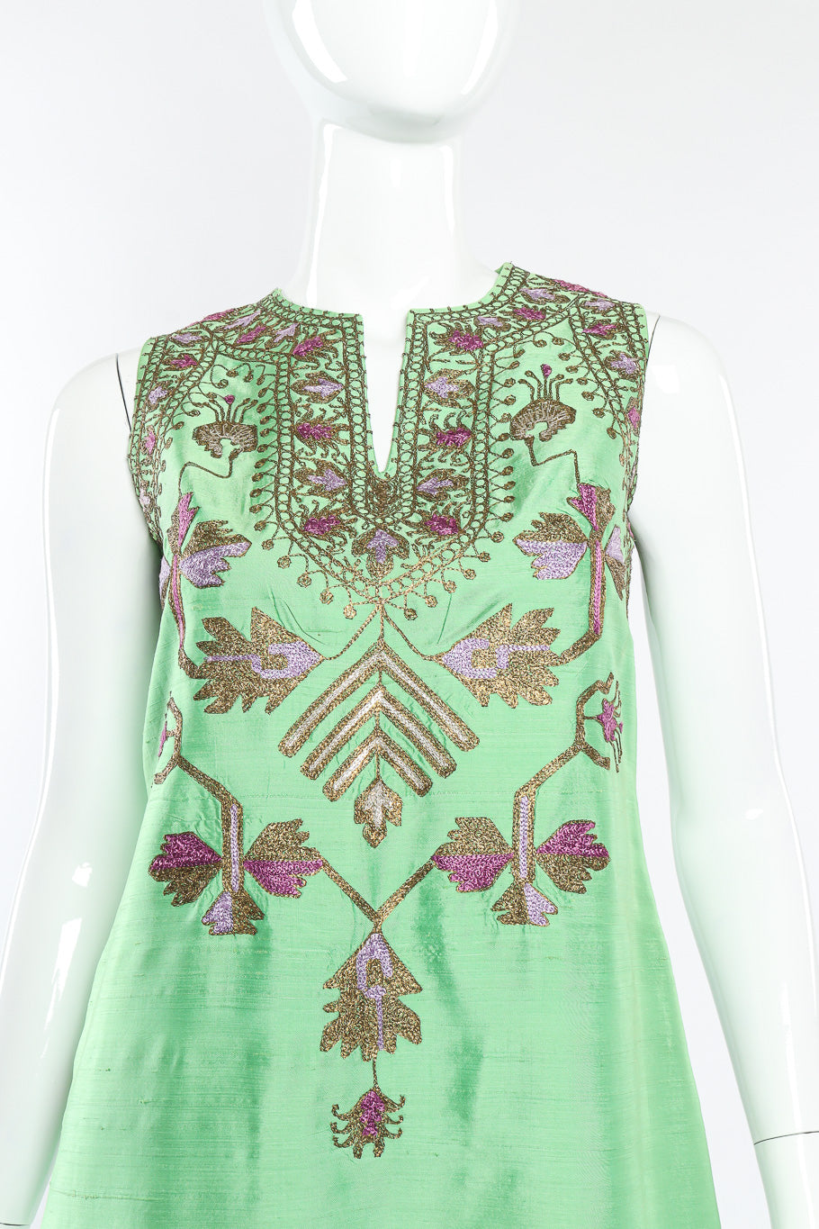 Vintage Artisans Brocade Embellished Tunic Dress front view closeup on mannequin @Recessla