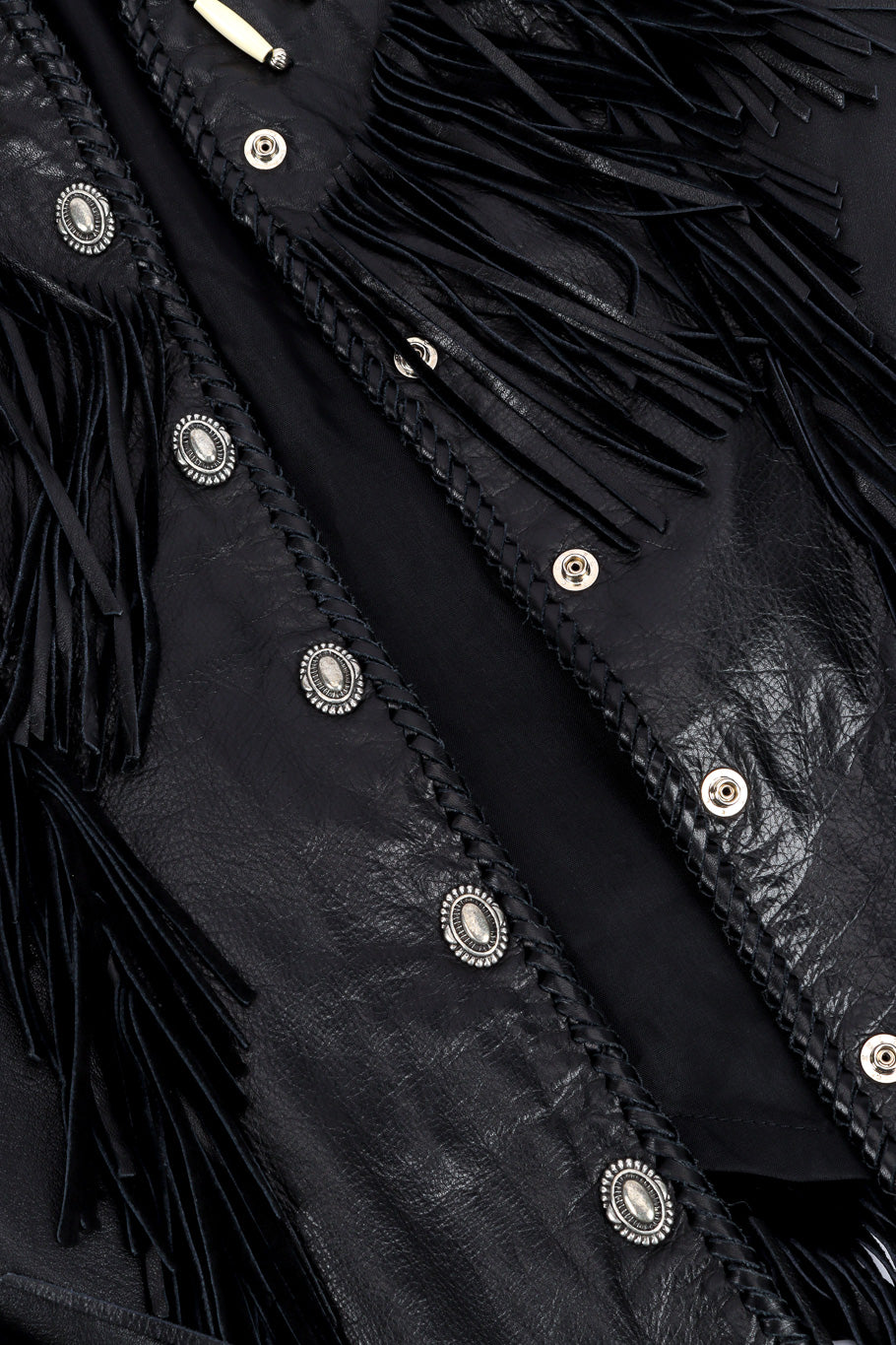 Vintage Arturo Beaded Leather Fringe Jacket concho button closure closeup @recessla