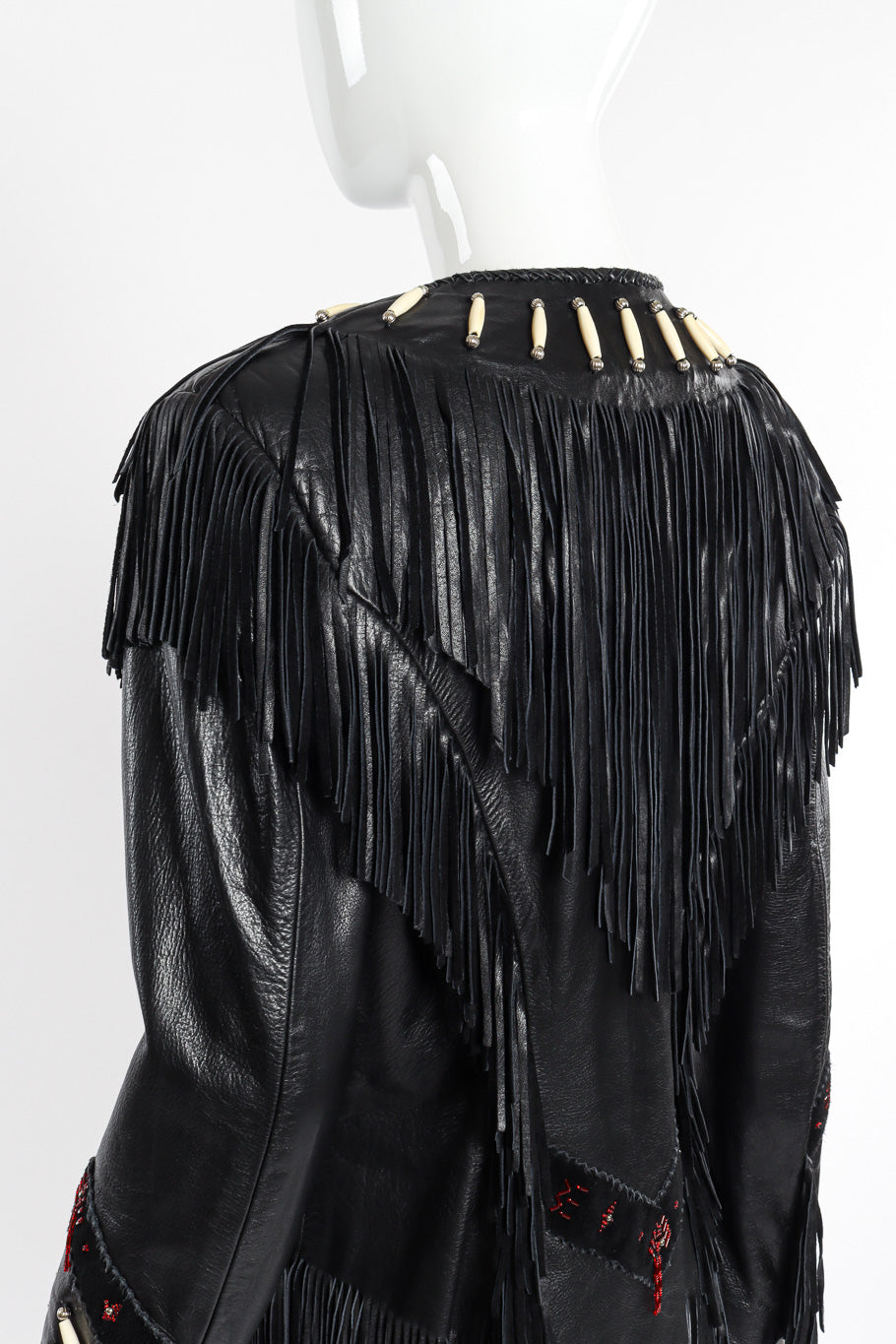 Vintage Arturo Beaded Leather Fringe Jacket 3/4 back view on mannequin closeup @recessla