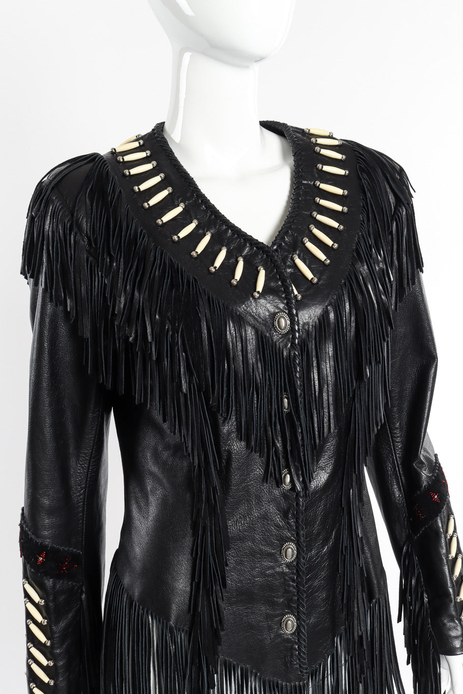 Vintage Arturo Beaded Leather Fringe Jacket front view on mannequin closeup @recessla