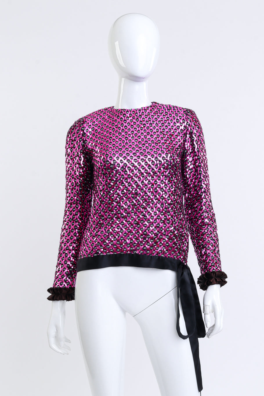 Vintage Adolfo Harlequin Sequin Ruffle Top front on mannequin @recess la