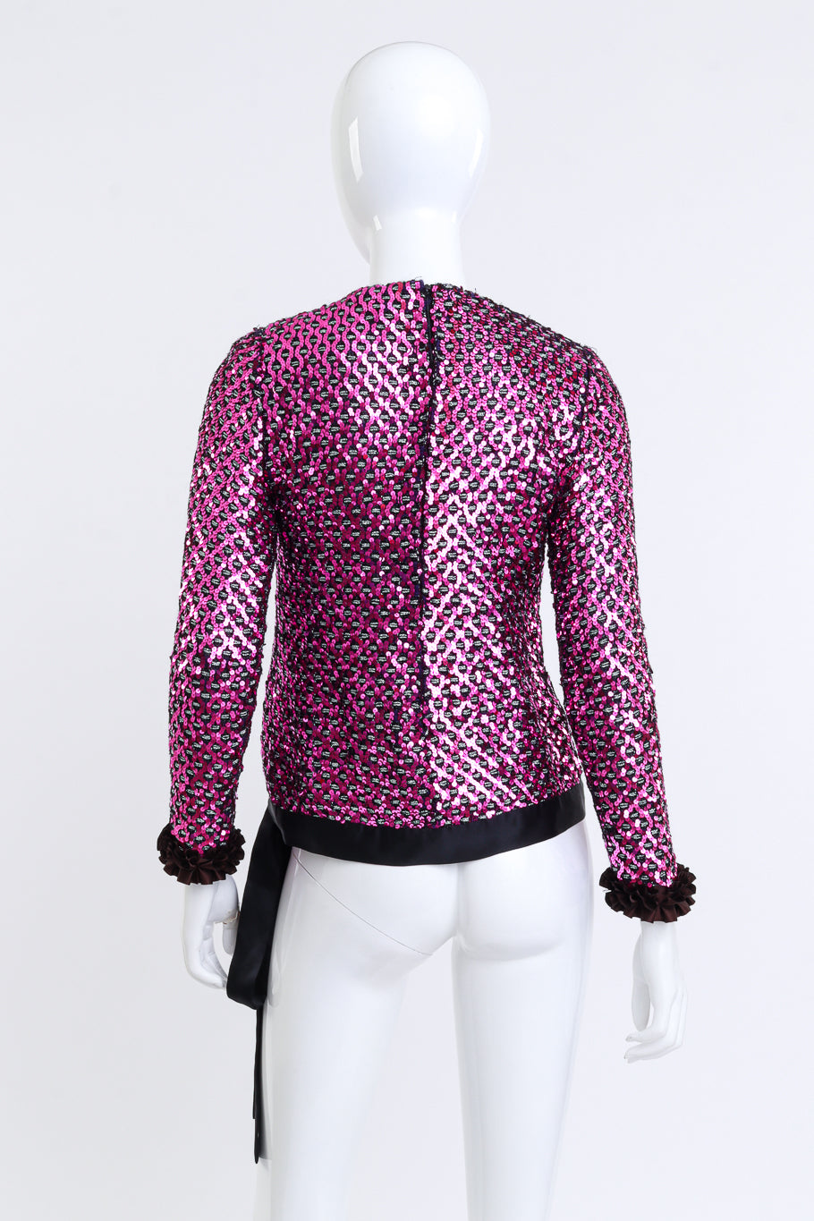 Vintage Adolfo Harlequin Sequin Ruffle Top back on mannequin @recess la