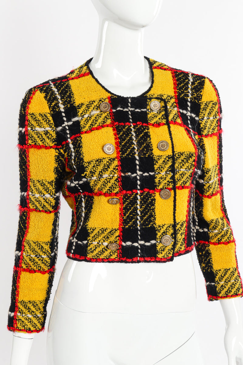 Vintage Adolfo Cropped Plaid Bouclé Jacket front on mannequin closeup @recessla