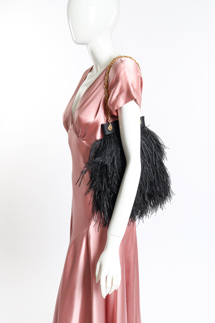 Vintage Adrienne Landau Black Feather Gold Chain Evening Bag as shown on mannequin  @Recess LA