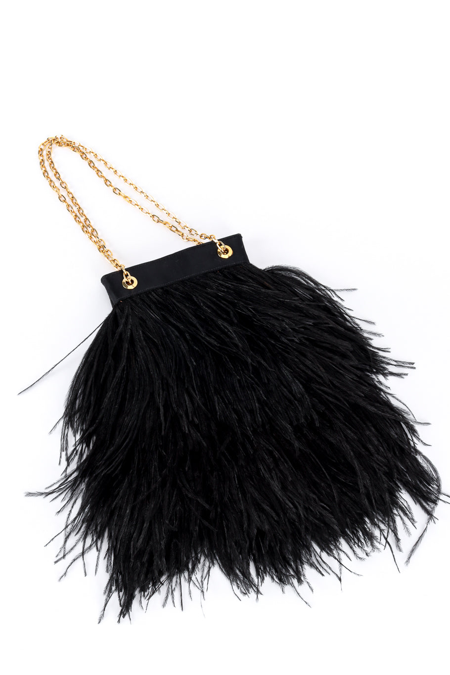 Vintage Adrienne Landau Black Feather Gold Chain Evening Bag flat lay @Recess LA