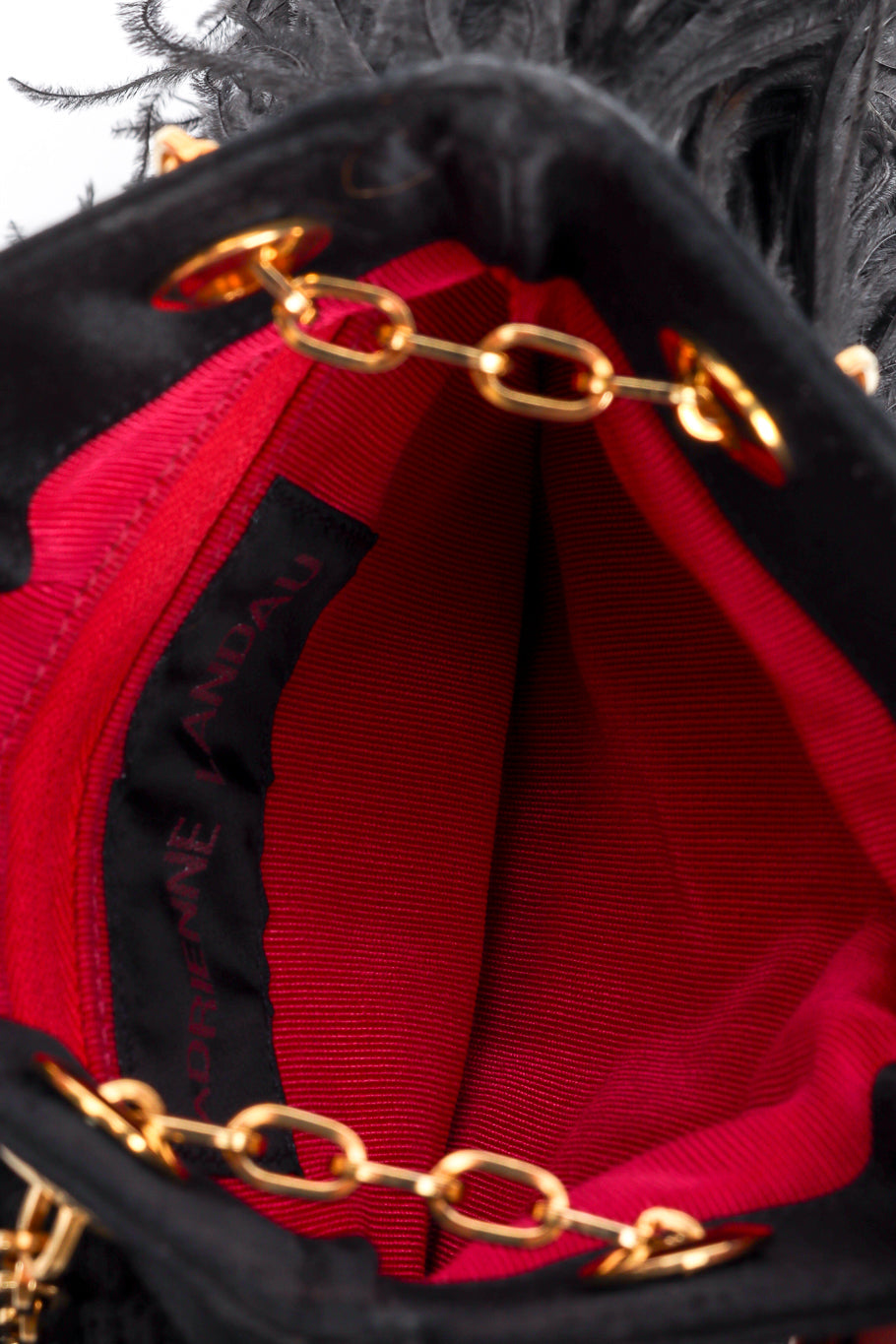 Vintage Adrienne Landau Black Feather Gold Chain Evening Bag inside detail @Recess LA