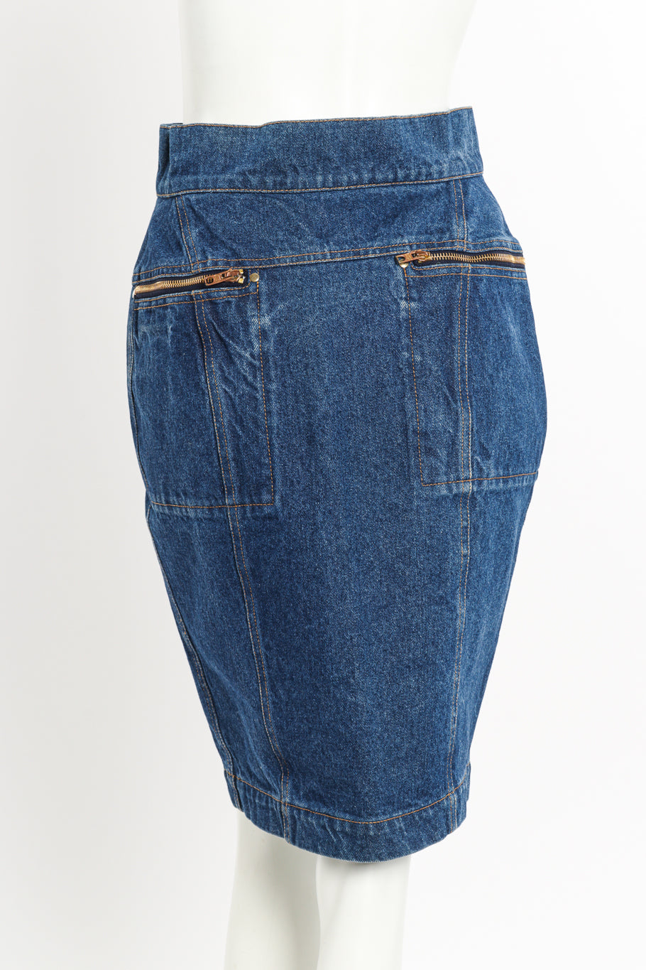 Vintage Alaia Denim Pencil Skirt back on mannequin closeup @recessla