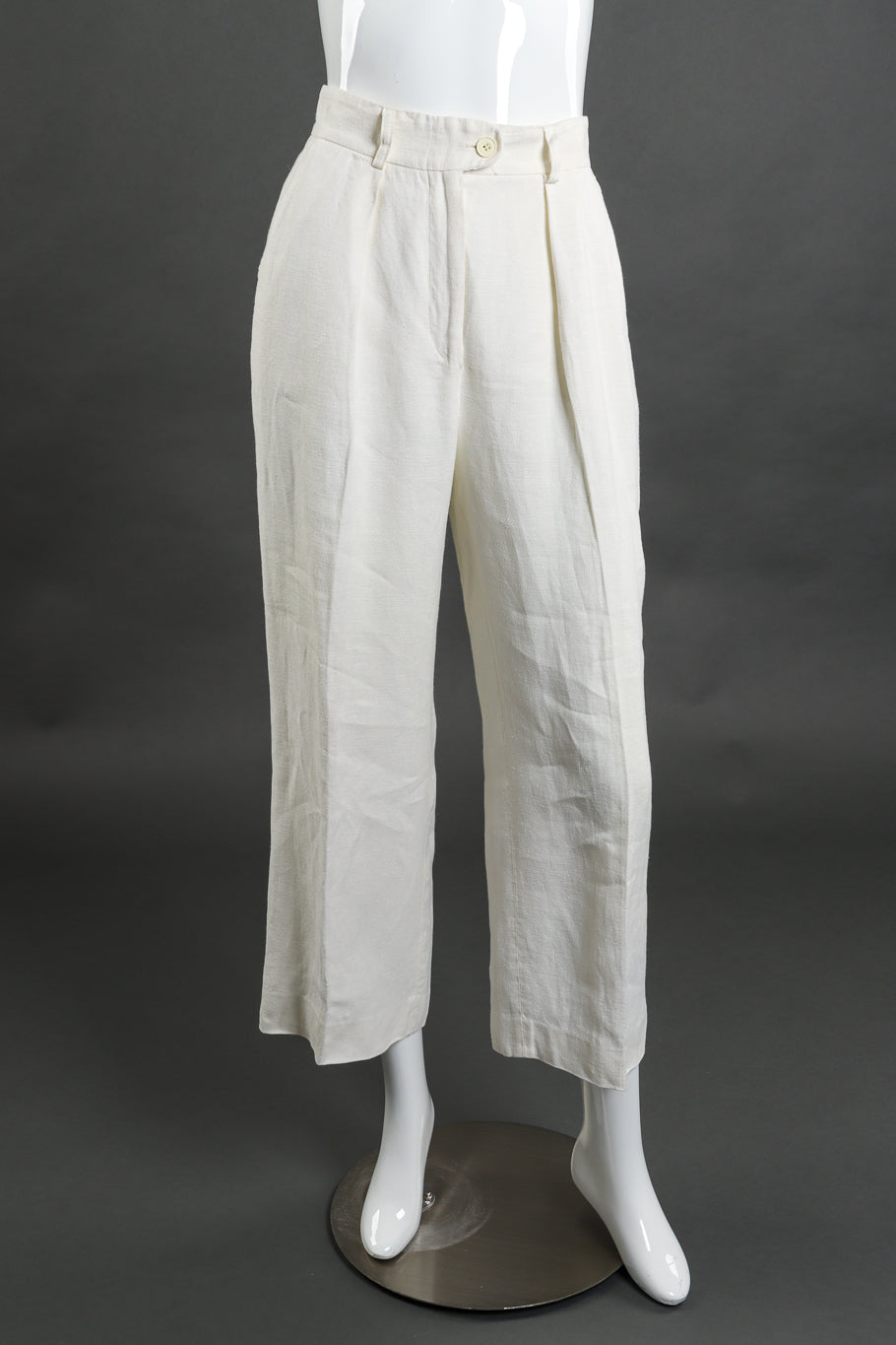 Vintage Alberta Ferretti woven linen embroidered cream mock tunic vest and pant twin set front view of twin set trousers as worn on mannequin @Recess LA