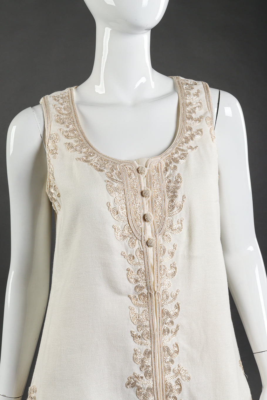 Vintage Alberta Ferretti woven linen embroidered cream mock tunic vest and pant twin set as worn on mannequin @Recess LA