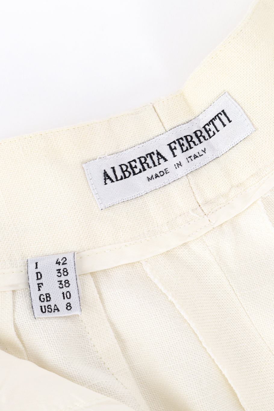 Vintage Alberta Ferretti woven linen embroidered cream mock tunic vest and pant twin set  close up of the makers label inside the trousers with size guide@Recess LA