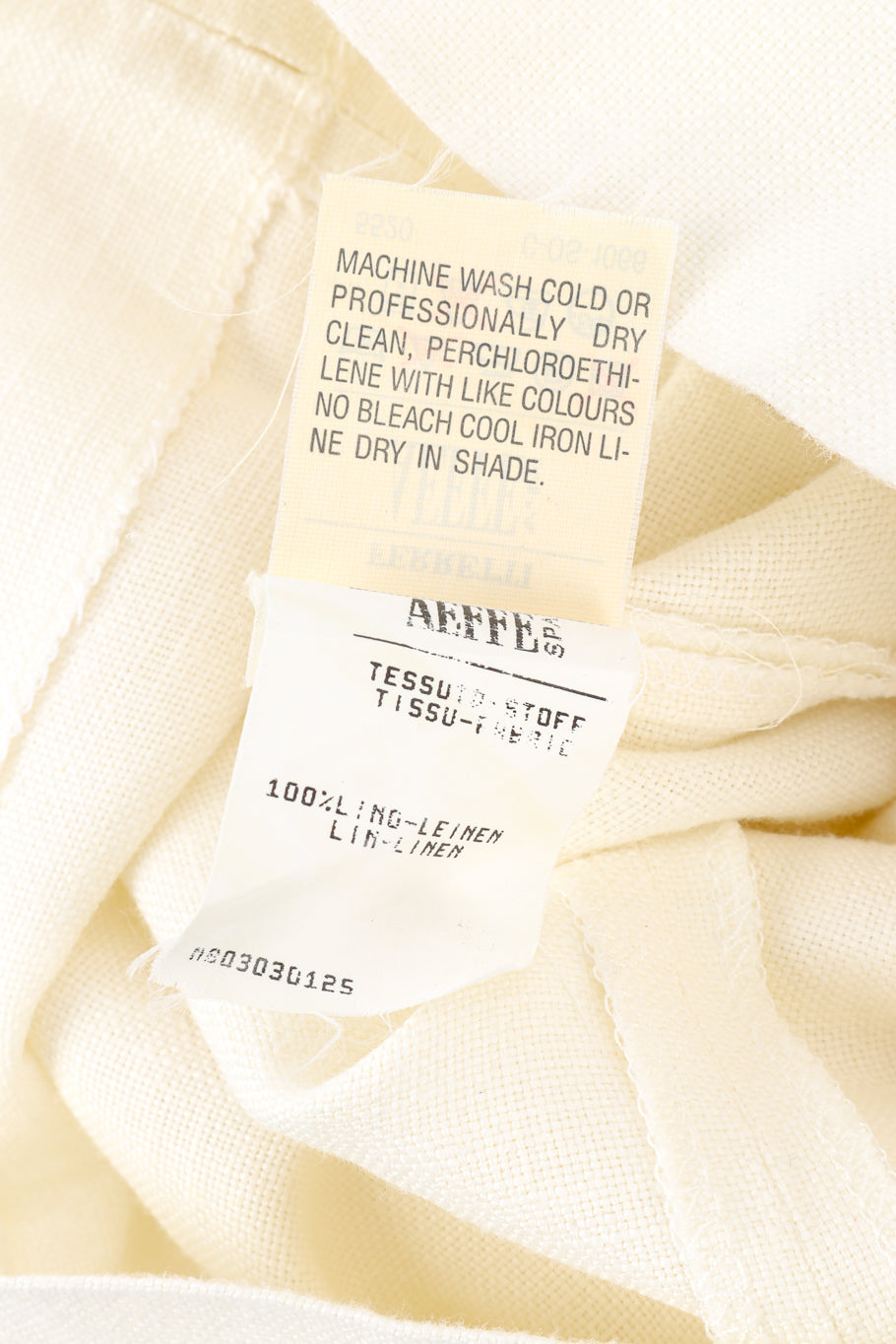 Vintage Alberta Ferretti woven linen embroidered cream mock tunic vest and pant twin set close up of the fabric components and care label inside the mock tunic vest @Recess LA