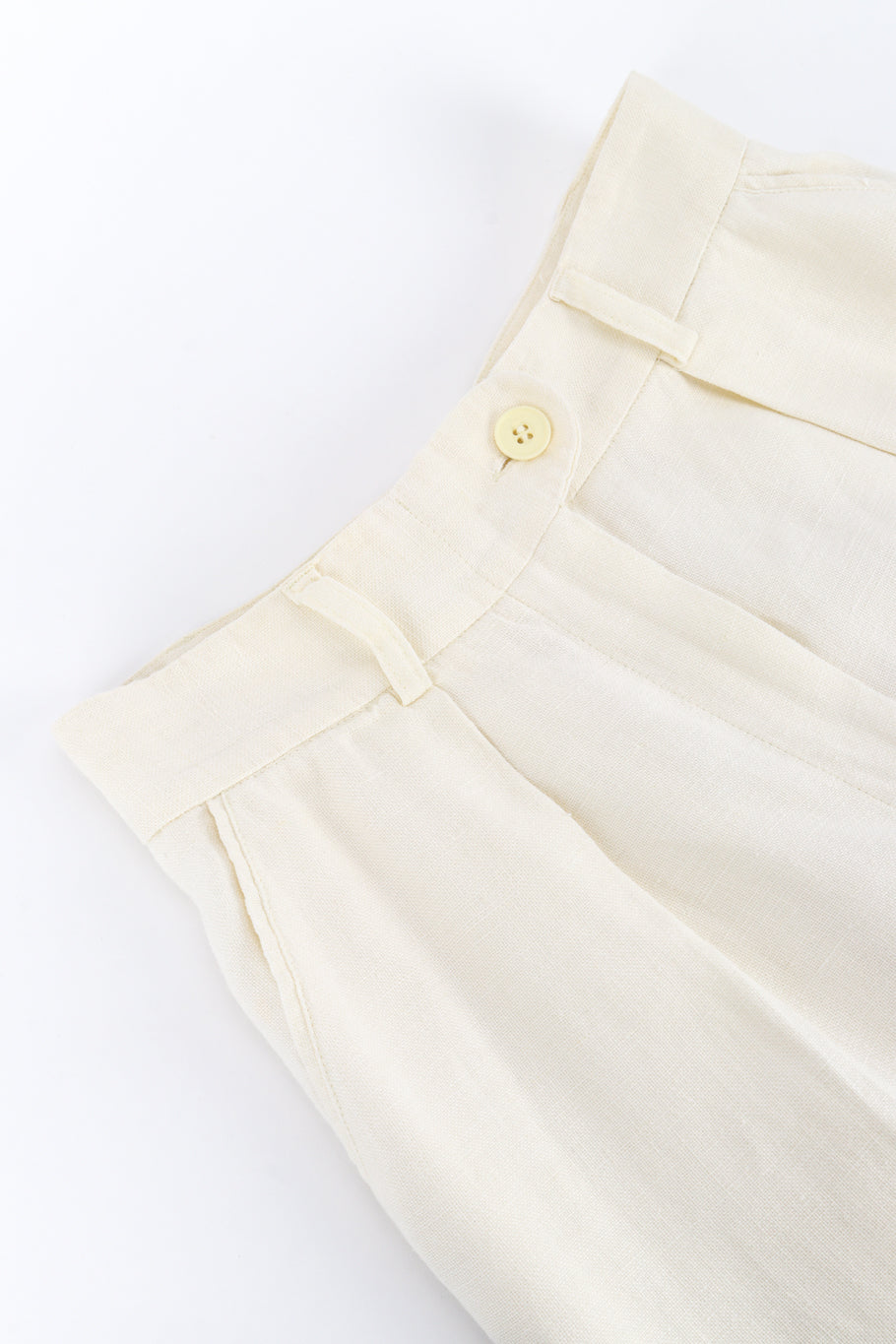 Vintage Alberta Ferretti woven linen embroidered cream mock tunic vest and pant twin set close up of the trousers waistband, button and hidden front zip enclosure @Recess LA