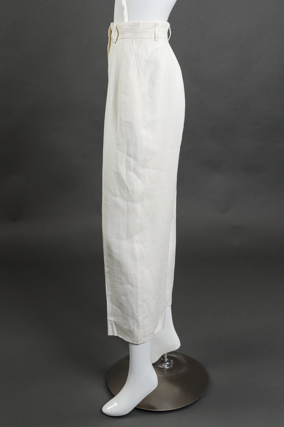 Vintage Alberta Ferretti woven linen embroidered cream mock tunic vest and pant set side view of trousers on mannequin @Recess LA