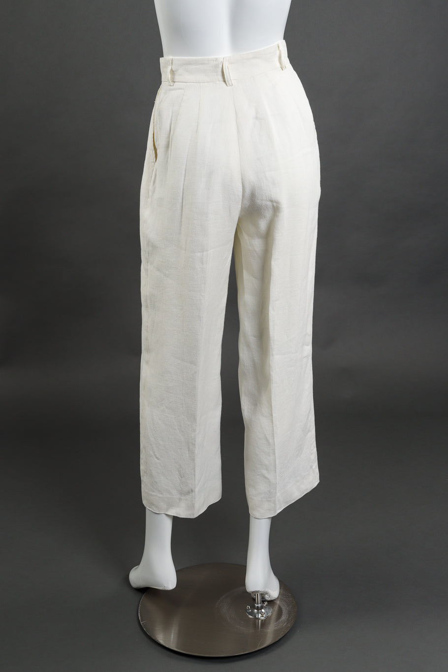 Vintage Alberta Ferretti woven linen embroidered cream mock tunic vest and pant twin set back view of trousers as worn on mannequin @Recess LA