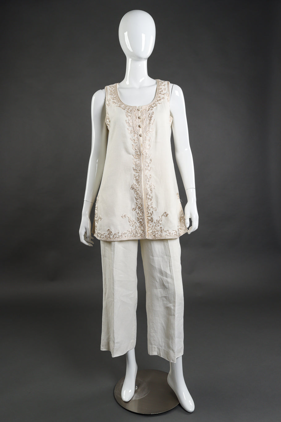 Vintage Alberta Ferretti woven linen embroidered cream mock tunic vest and pant twin set front view on mannequin @Recess LA