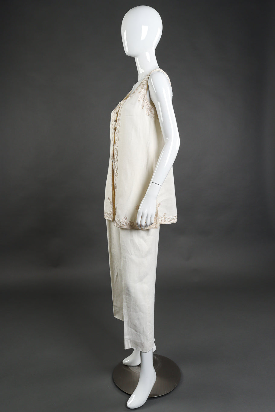 Vintage Alberta Ferretti woven linen embroidered cream mock tunic vest and pant twin set side view on mannequin @Recess LA