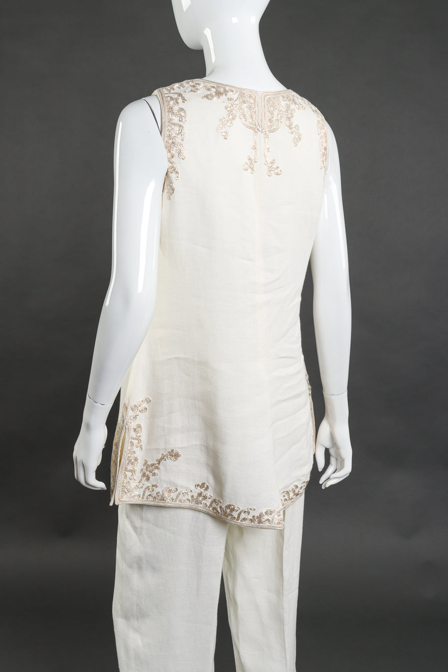 Vintage Alberta Ferretti woven linen embroidered cream mock tunic vest and pant twin setclose up of back view on mannequin @Recess LA