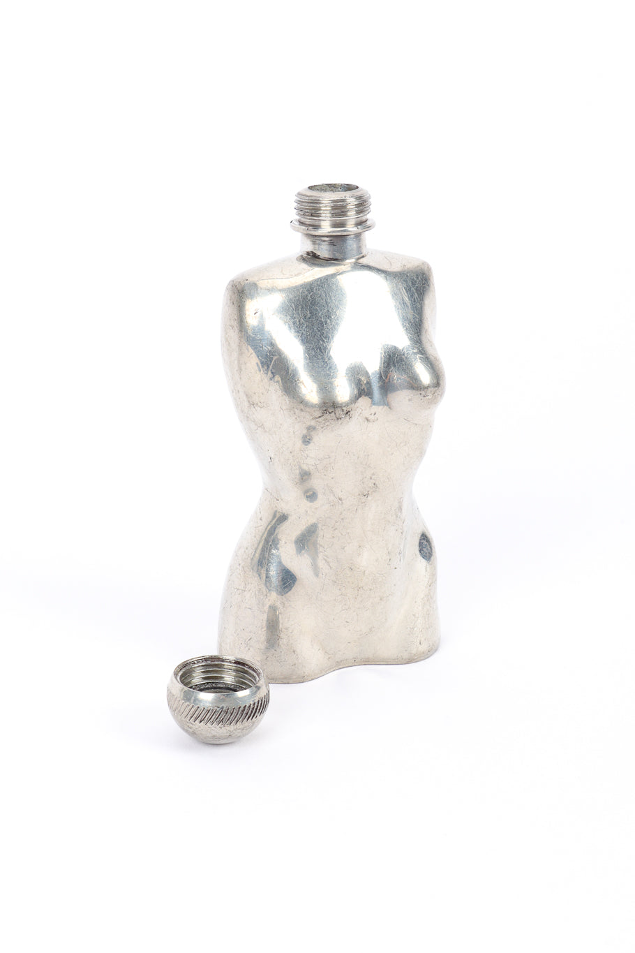 Vintage Alchemy Pewter Female Torso Pewter Flask front with cap off @recessla