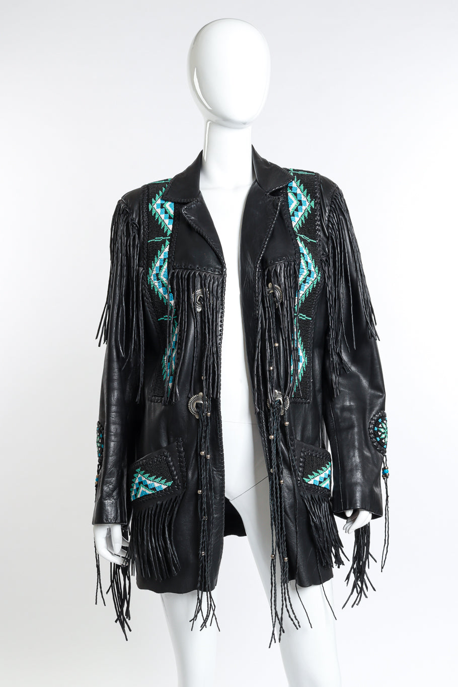 Vintage Arturo Longline Beaded Leather Fringe Jacket front on mannequin @recess la