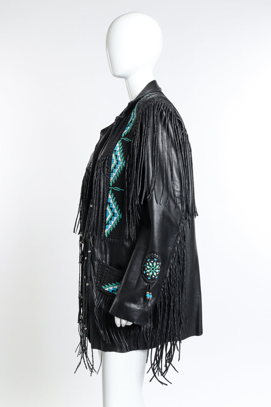 Vintage Arturo Longline Beaded Leather Fringe Jacket side on mannequin @recess la