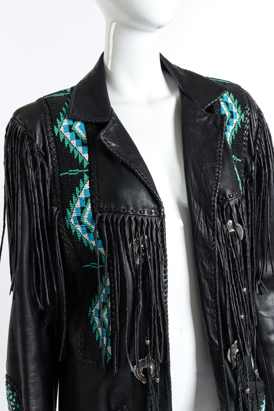 Vintage Arturo Longline Beaded Leather Fringe Jacket front on mannequin closeup @recess la