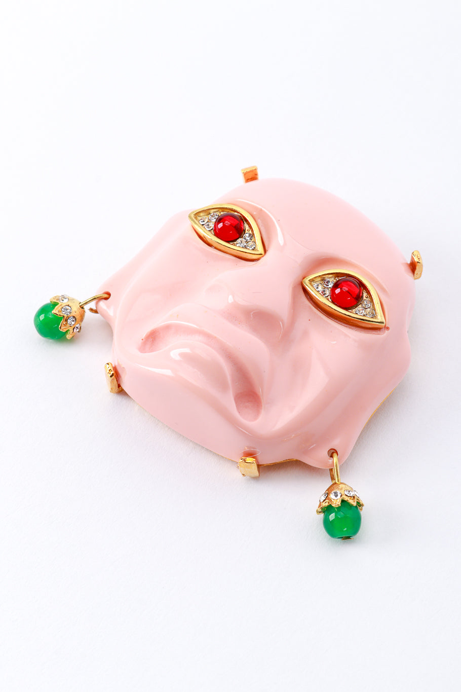 Kenneth Jay Lane Pink Olmec Mask Brooch detail @RECESS LA