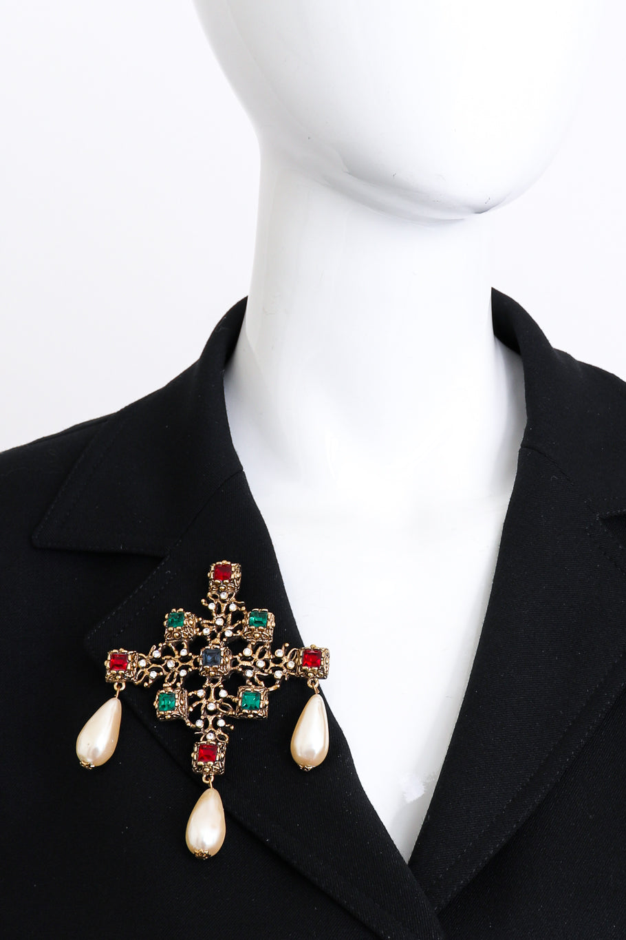 Kenneth Jay Lane Jewel & Pearl Teardrops Cross Brooch worn @RECESS LA