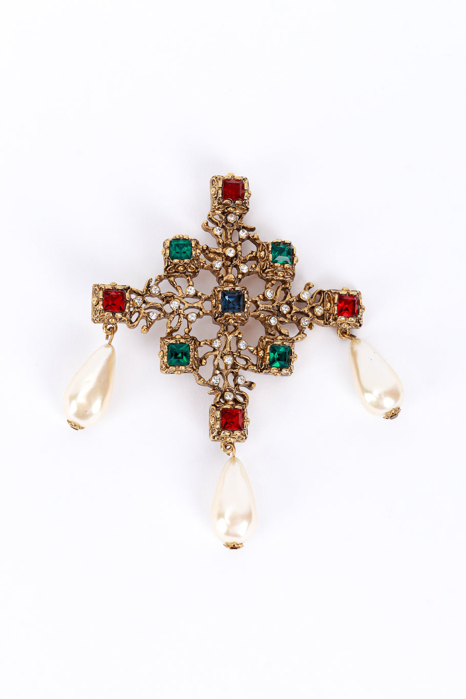 Kenneth Jay Lane Jewel & Pearl Teardrops Cross Brooch @RECESS LA