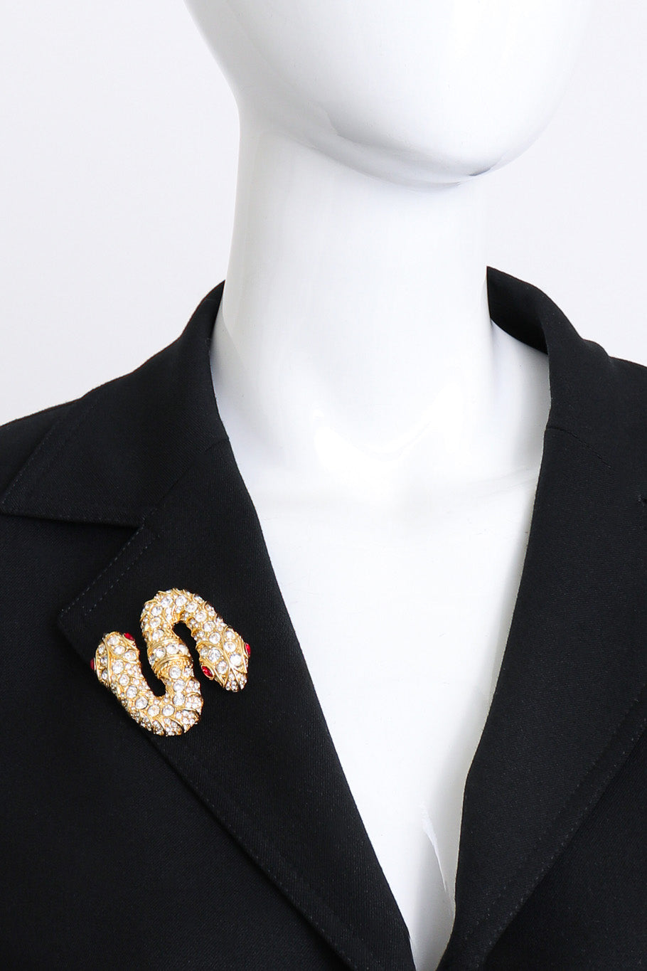 Vintage Kenneth Jay Lane Crystal Double Snake Head Brooch on mannequin @recess la