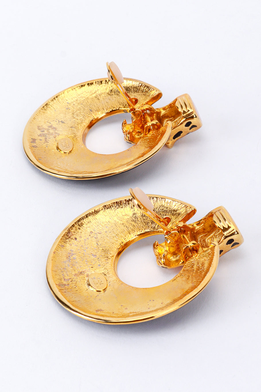 Vintage Kenneth Jay Lane Cheetah Door Knocker Hoop Earrings back clips open @recess la