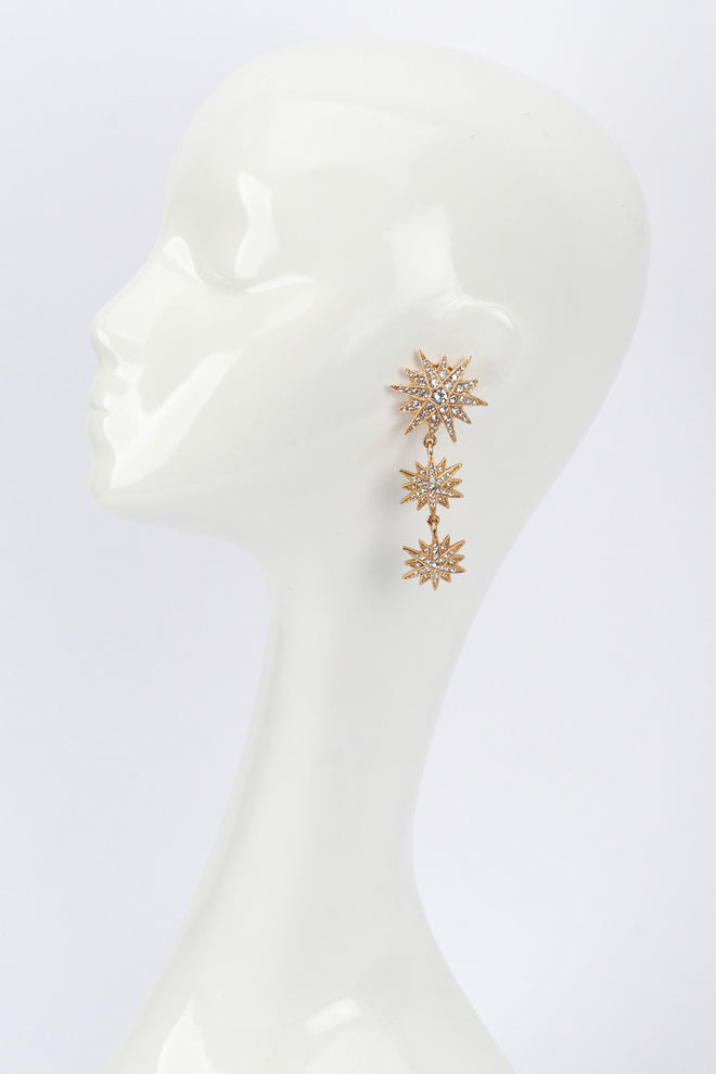 Vintage Kenneth Jay Lane 3-Tier Rhinestone Starburst Earrings on mannequin @recess la