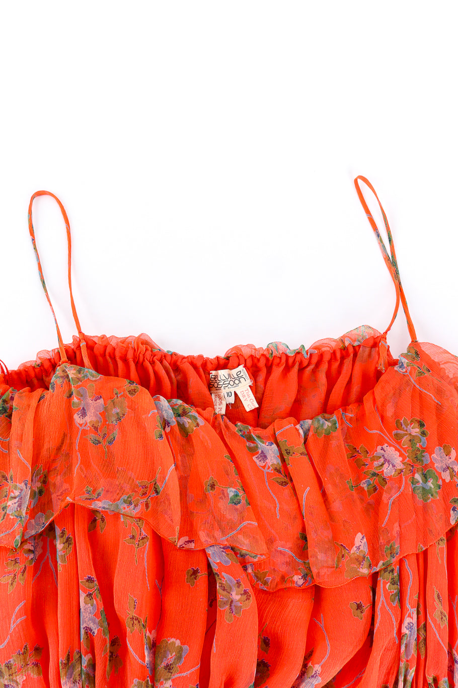Vintage Bellville Sassoon Floral Chiffon Dress, Slip & Scarf Set dress front closeup laid flat @recess la