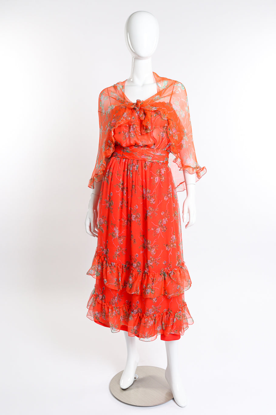 Vintage Bellville Sassoon Floral Chiffon Dress, Slip & Scarf Set front on mannequin @recess la