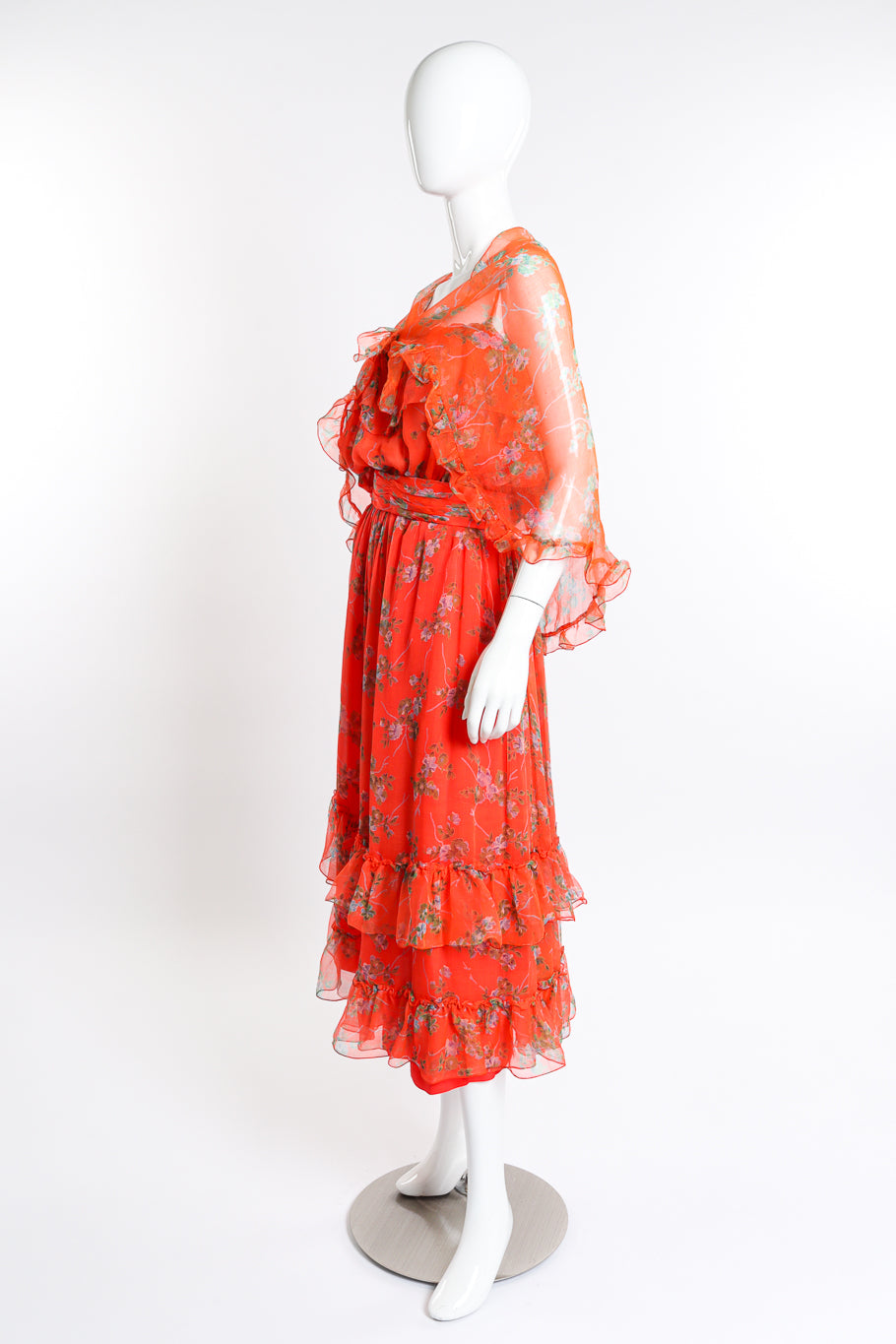 Vintage Bellville Sassoon Floral Chiffon Dress, Slip & Scarf Set side on mannequin @recess la
