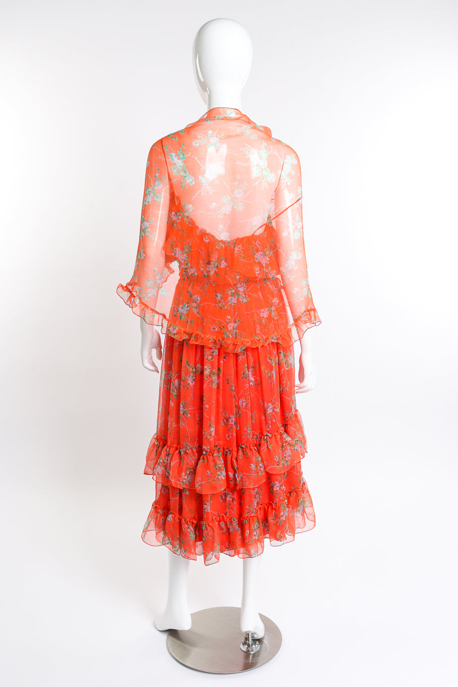 Vintage Bellville Sassoon Floral Chiffon Dress, Slip & Scarf Set back on mannequin @recess la