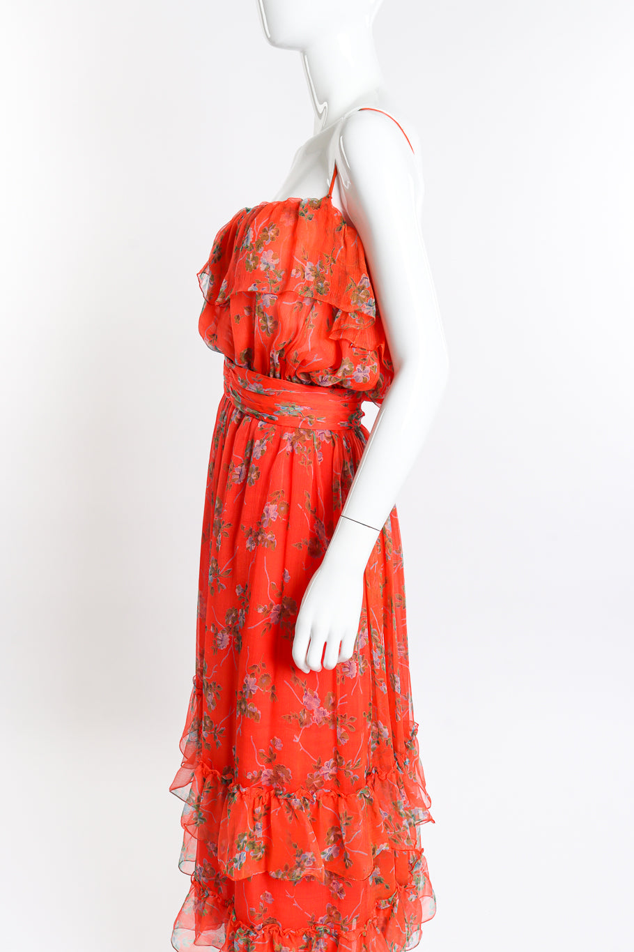 Vintage Bellville Sassoon Floral Chiffon Dress, Slip & Scarf Set dress side on mannequin @recess la