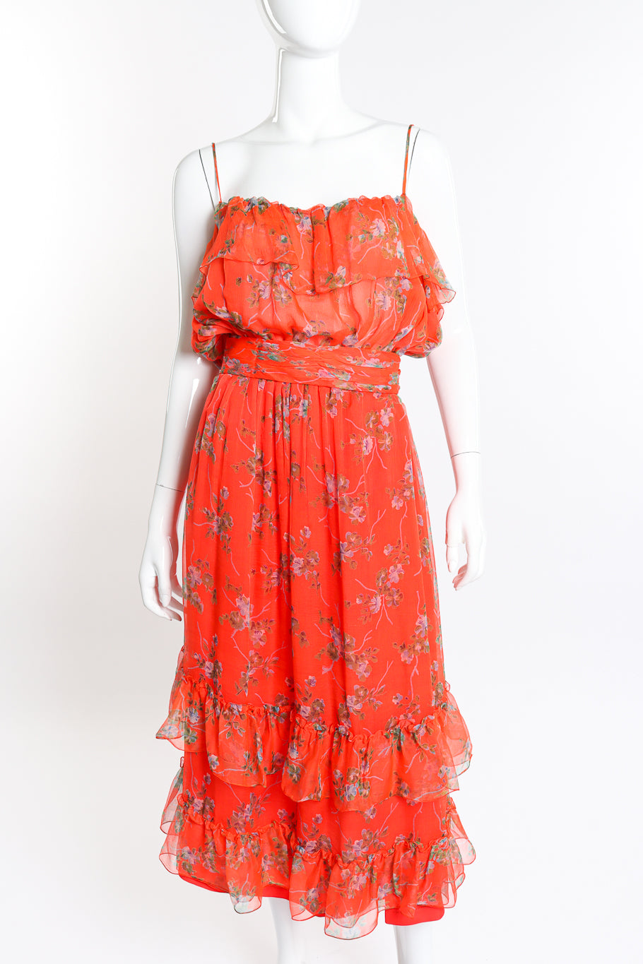Vintage Bellville Sassoon Floral Chiffon Dress, Slip & Scarf Set dress front on mannequin @recess la