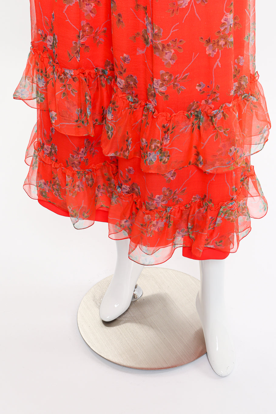 Vintage Bellville Sassoon Floral Chiffon Dress, Slip & Scarf Set dress hem on mannequin @recess la