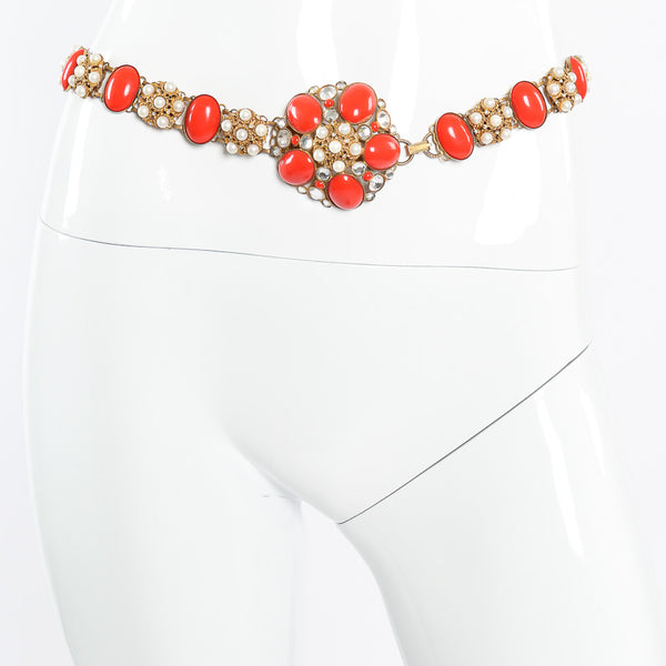 Vintage Kenneth Jay Lane Coral Pearl Filigree Chain Belt  display picture 1