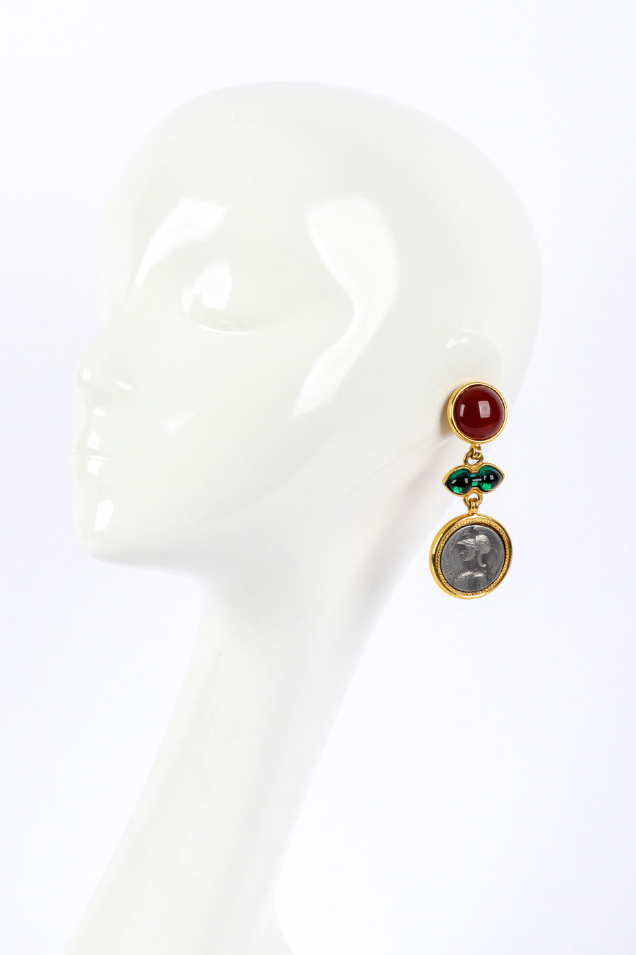 Vintage Ben Amun Gripoix Roman Coin Drop Earrings on mannequin @recessla