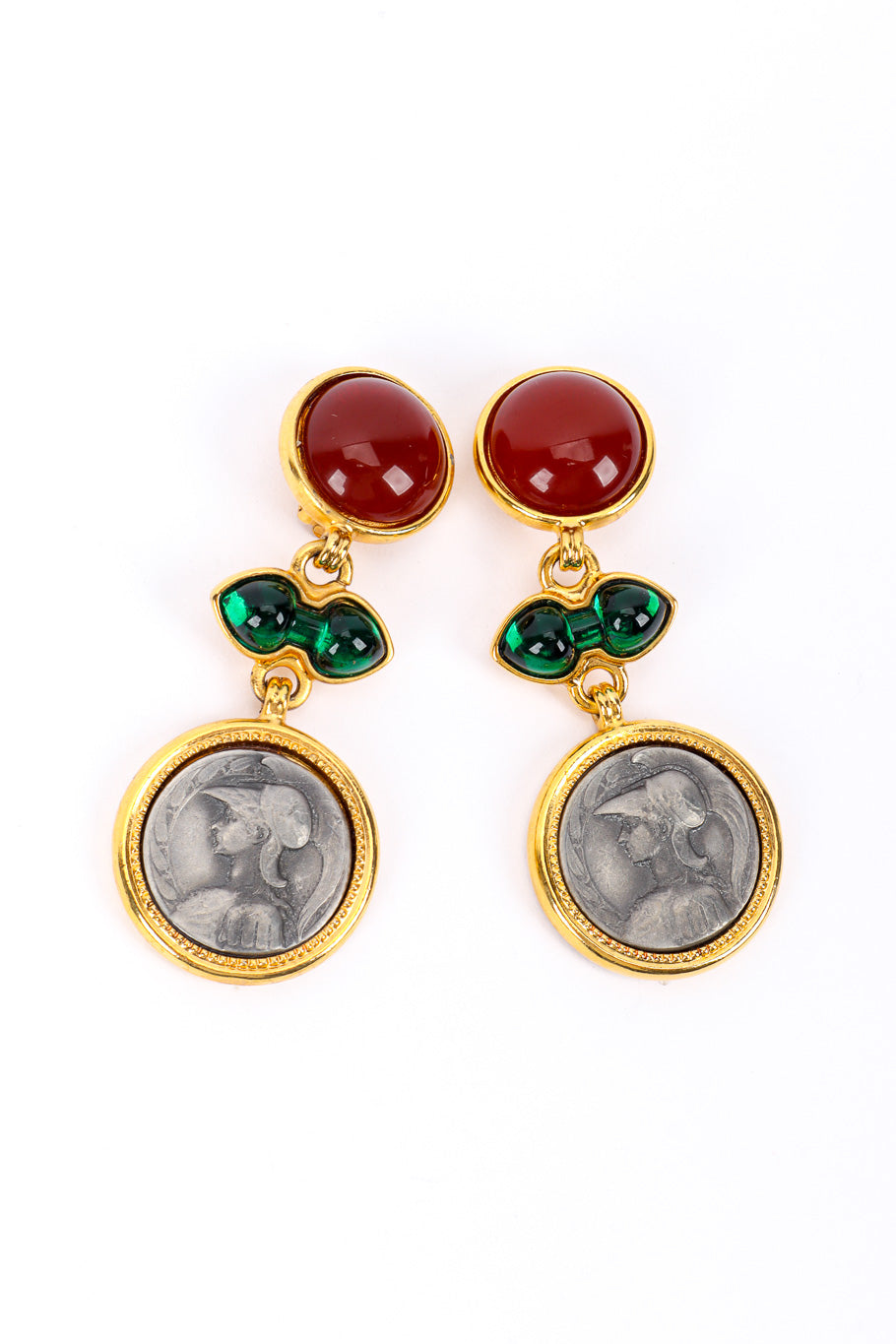 Vintage Ben Amun Gripoix Roman Coin Drop Earrings front @recessla