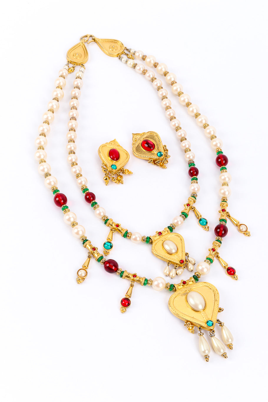 Vintage Ben Amun Gripoix and Pearl Heart Necklace and Earrings Set front view @recessla