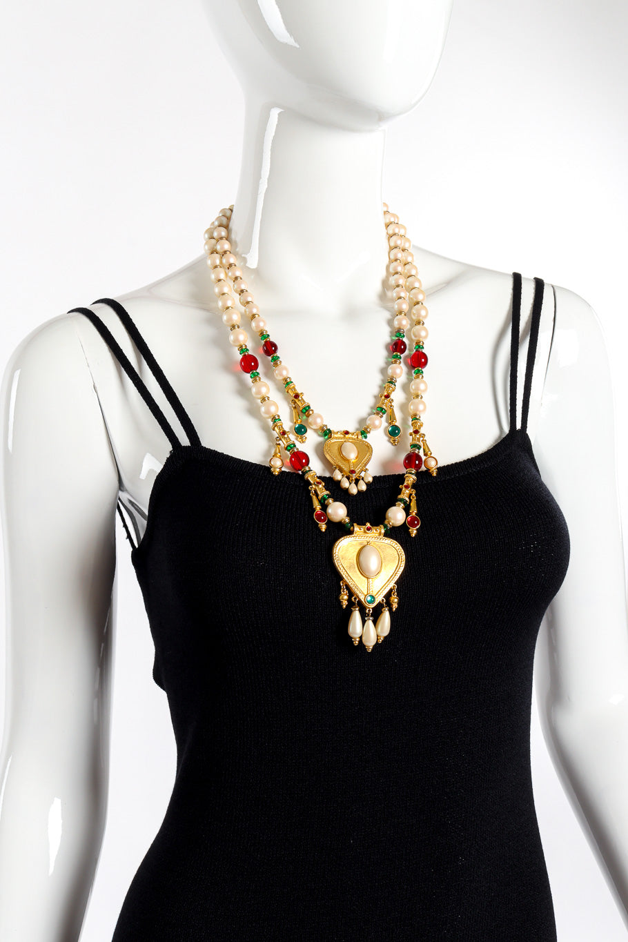 Vintage Ben Amun Gripoix and Pearl Heart Necklace and Earrings Set necklace on mannequin @recessla