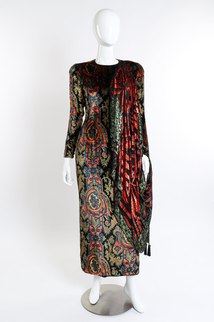 Vintage Bill Blass Paisley Silk Velvet Shawl Dress front on mannequin @recessla