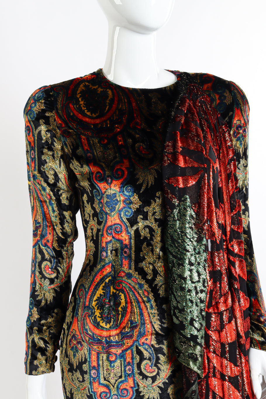 Vintage Bill Blass Paisley Silk Velvet Shawl Dress front on mannequin closeup @recessla