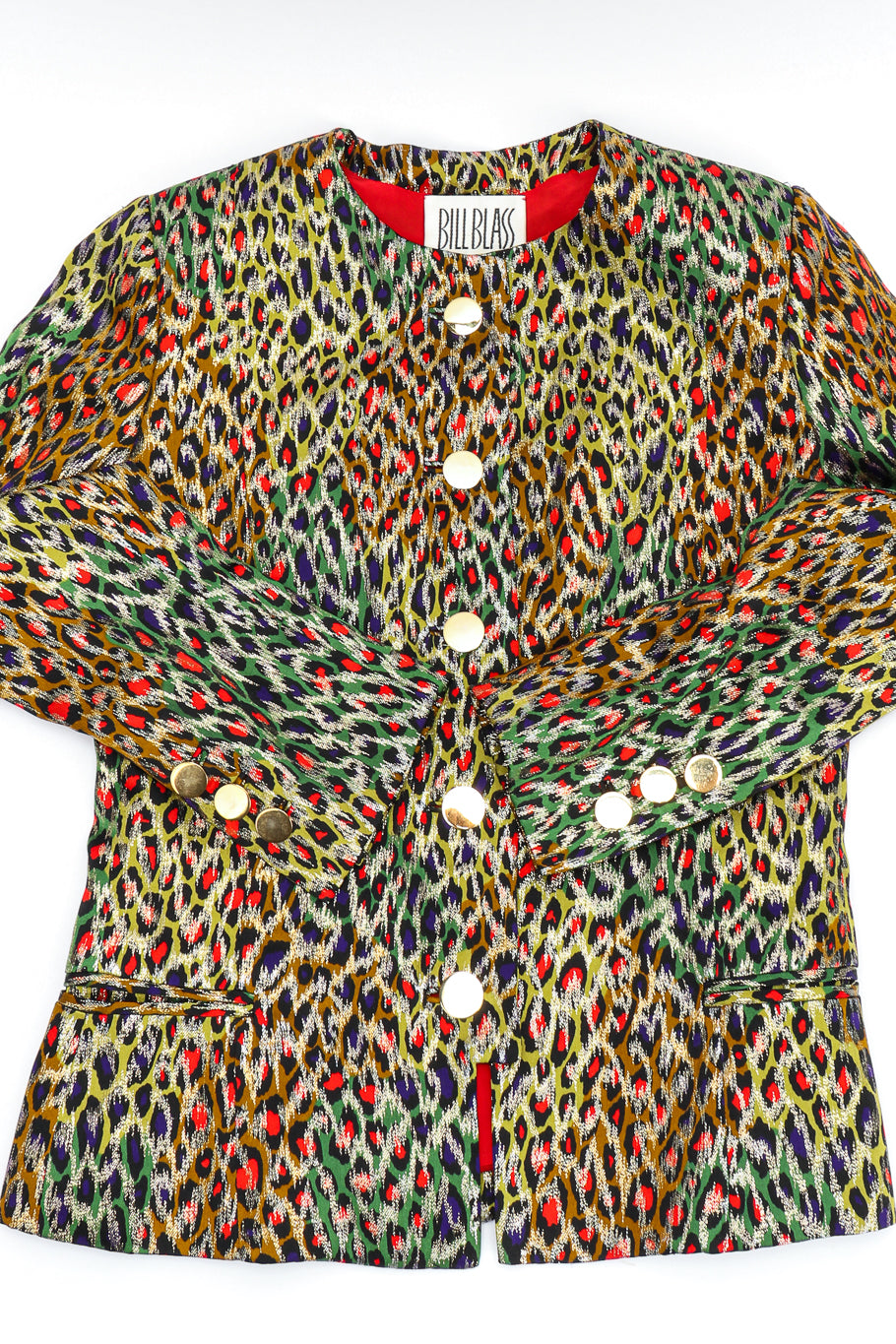 Vintage Bill Blass Leopard Print Silk Jacket front view laid flat on a white backdrop @Recessla