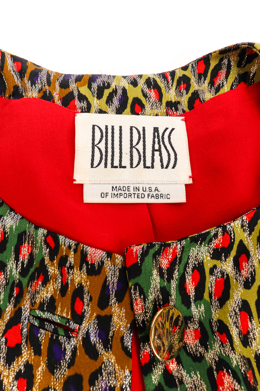 Vintage Bill Blass Leopard Print Silk Jacket signature label closeup @Recessla