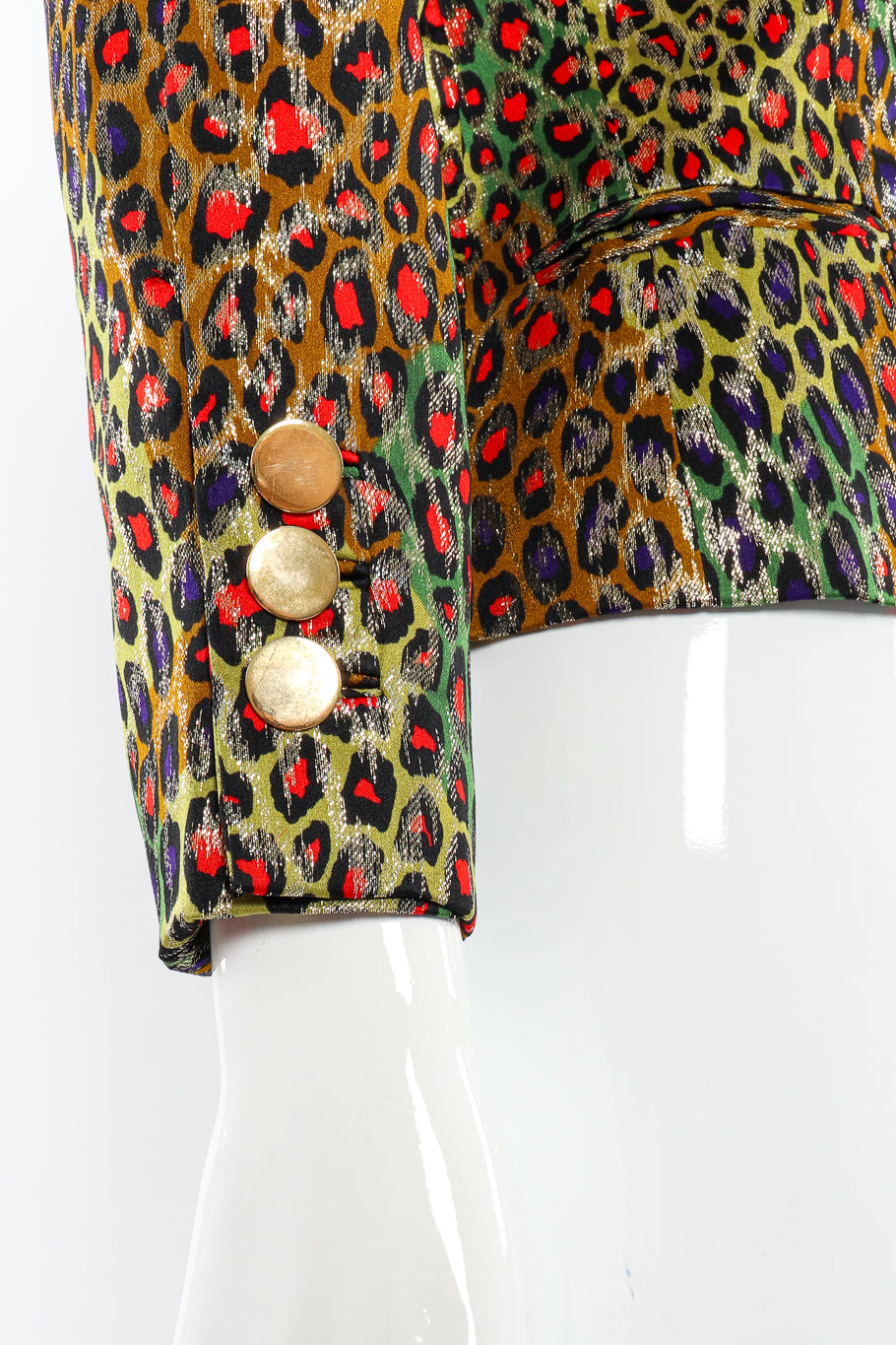 Vintage Bill Blass Leopard Print Silk Jacket sleeve on mannequin closeup @Recessla